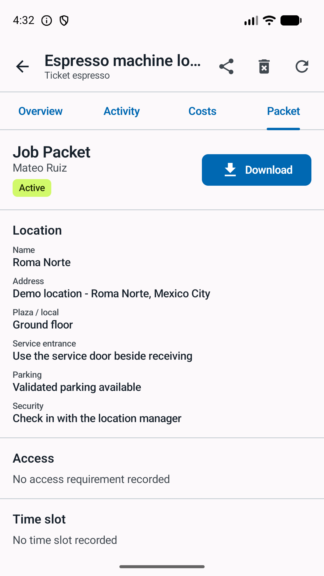 Phone job packet with location address, access instructions, parking, security, and billing context.