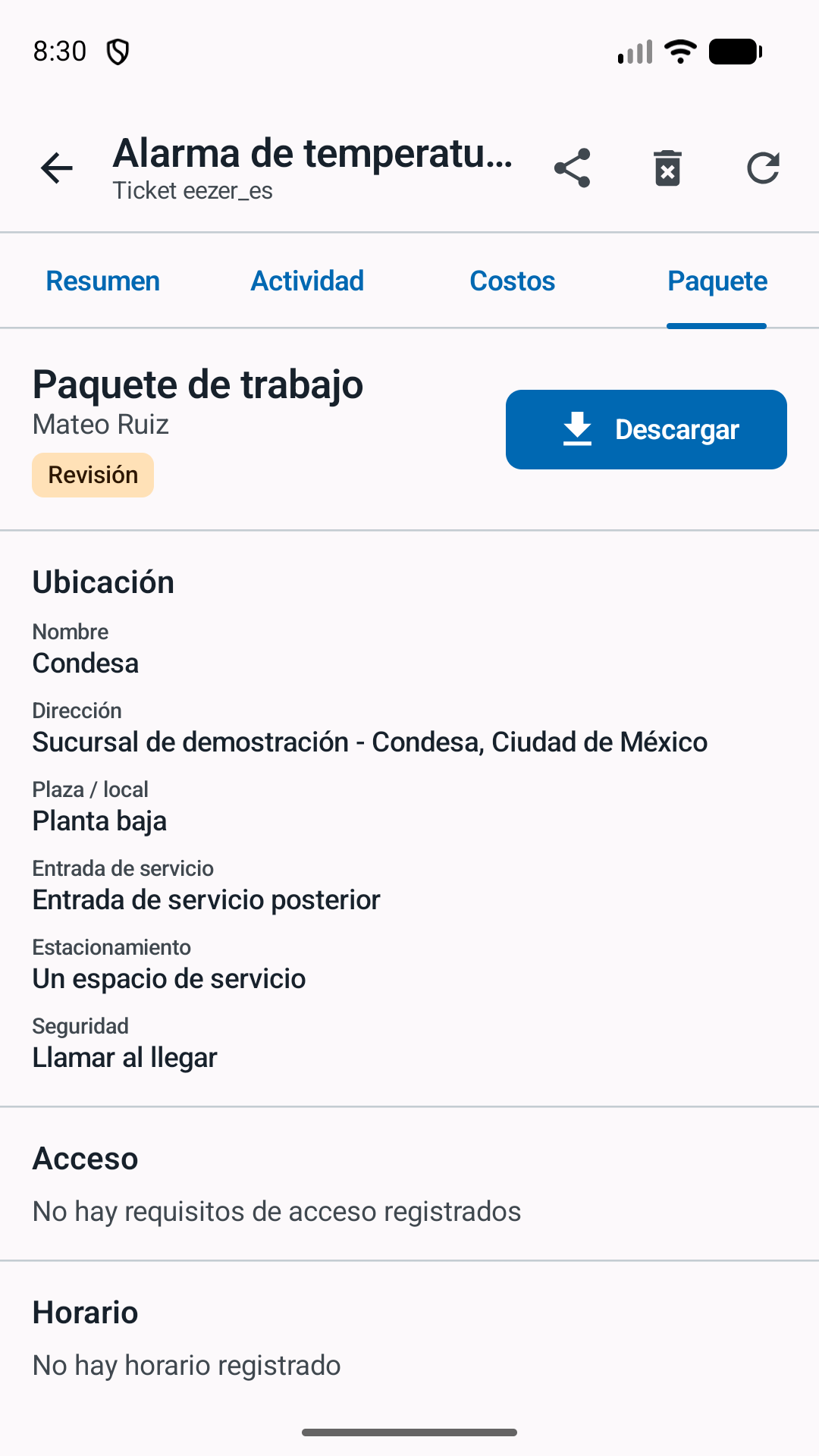 Paquete de trabajo con ubicación, dirección, entrada de servicio, estacionamiento y seguridad.