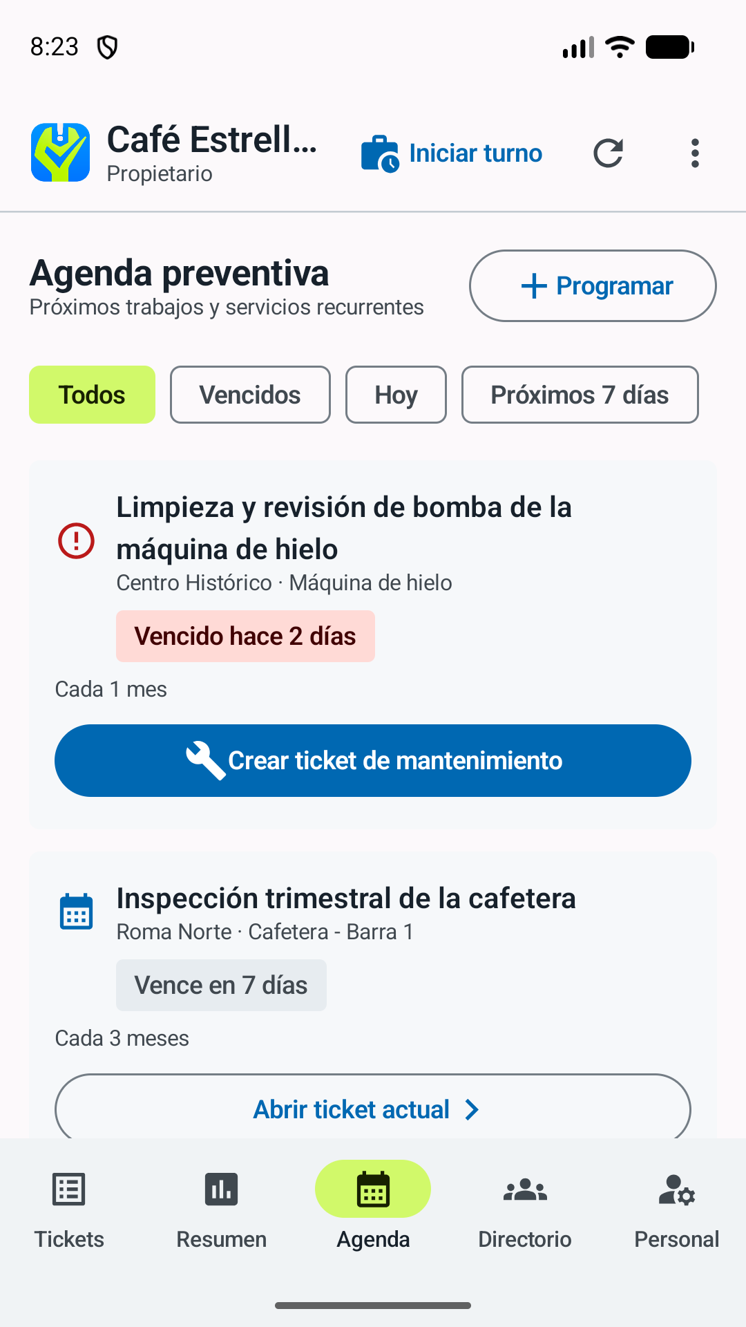 Agenda preventiva con trabajo vencido y próximos servicios recurrentes.