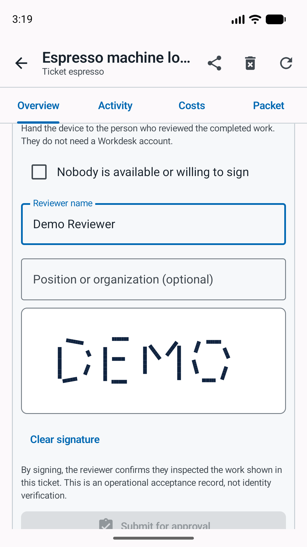 Actual English emulator form with a fictional Demo Reviewer and DEMO strokes on the signature pad.