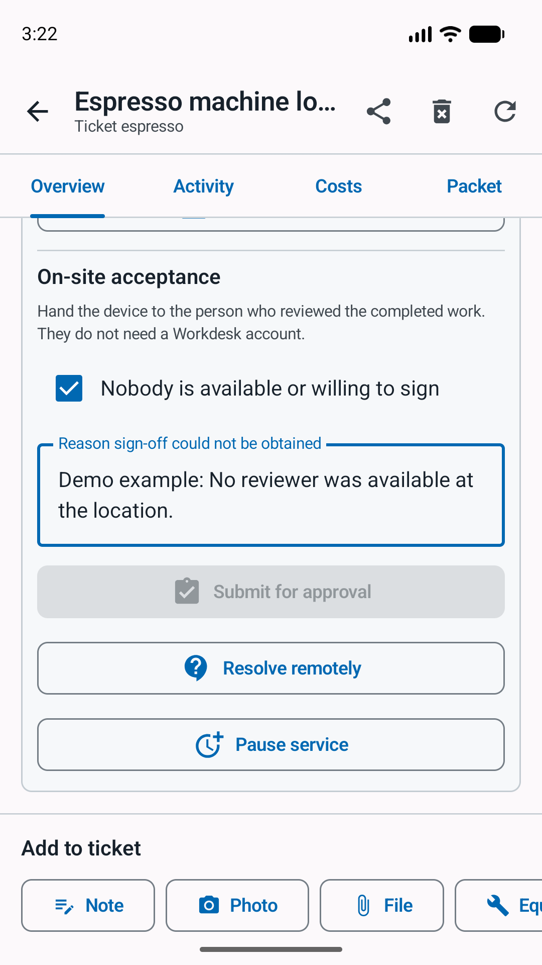 Actual English emulator form with the no-signer checkbox selected and a clearly labeled fictional demo reason.