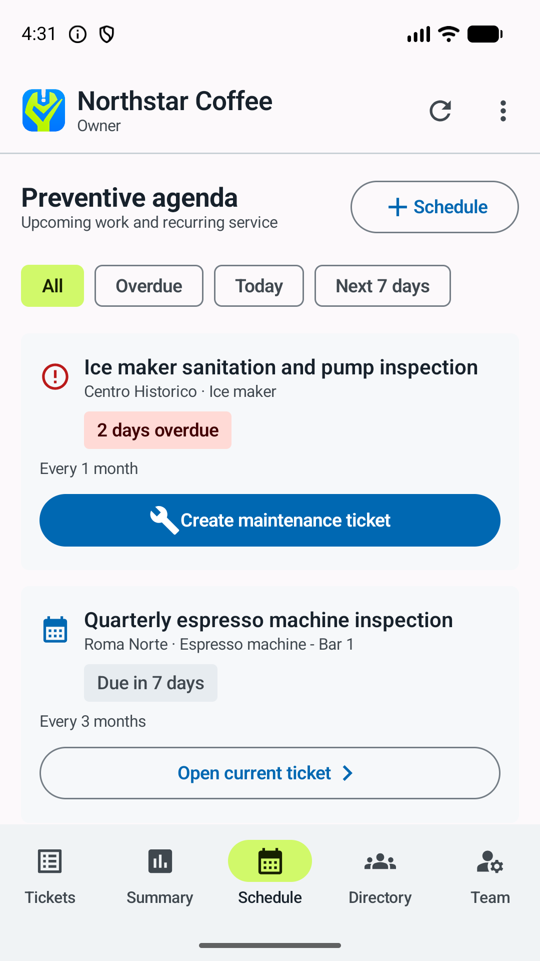Android preventive maintenance agenda