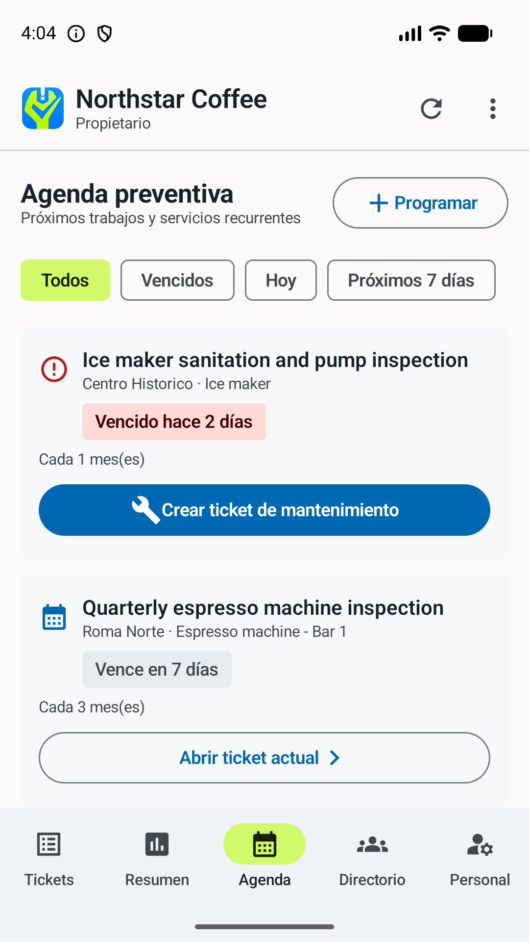 Agenda de mantenimiento preventivo en Android