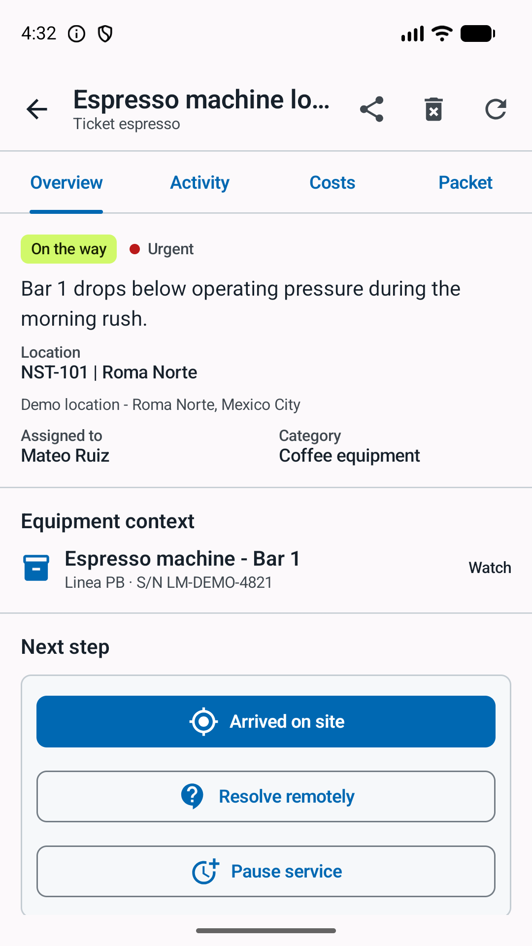 Android ticket detail and next action